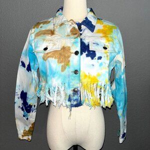 TAXI Tie Dye Distressed Fringe Cropped Denim Trucker Jacket New with Tags -  M
